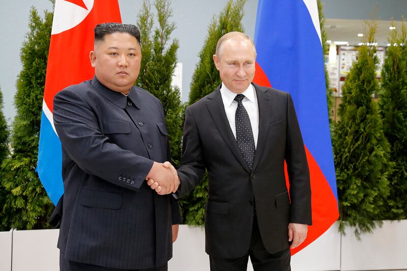 North Korea’s leader Kim Jong Un and Russian President Vladimir Putin shake hands during a meeting in Vladivostok, Russia.