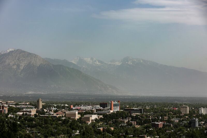 Wind-blown dust obscures the Salt Lake Valley.