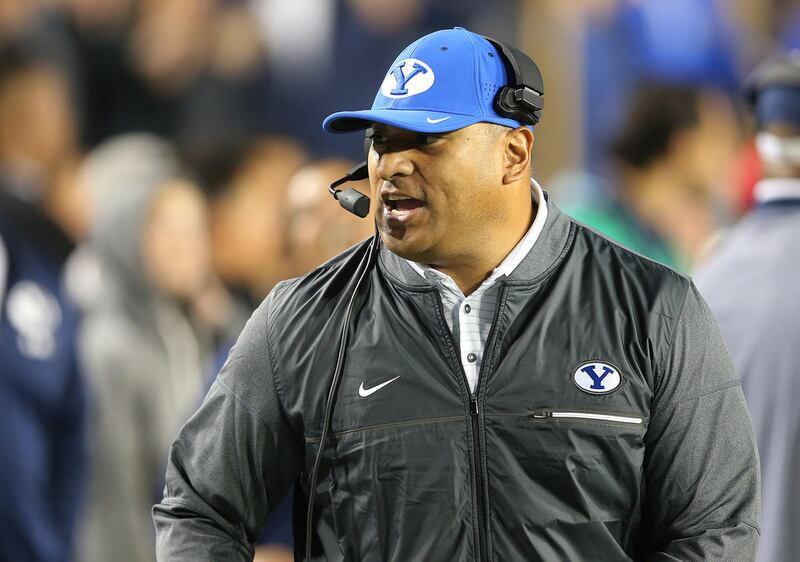 Brigham Young Cougars head coach Kalani Sitake shouts instruction in Provo on Friday, Oct. 6, 2017.
