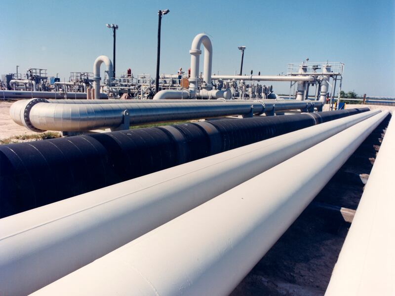 Crude oil pipes at the Bryan Mound site near Freeport, Texas.