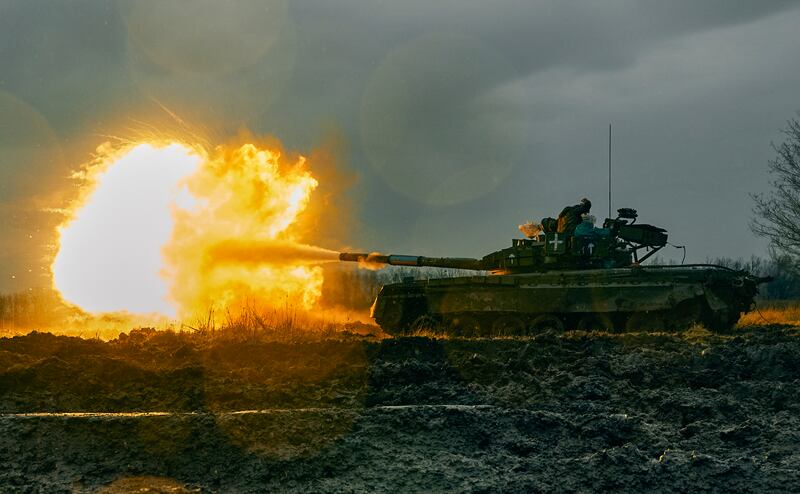 Ukrainian army fires a captured Russian tank T-80 at the Russian position in the Donetsk region of Ukraine.