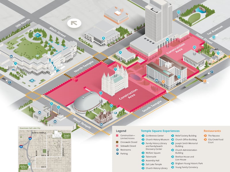 This map shows pedestrian access points to and from buildings on Temple Square that will be available while the Main Street Plaza is closed.