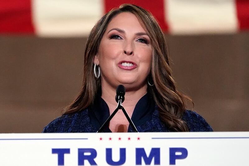 Republican National Committee chairwoman Ronna McDaniel speaks during the first night of the Republican National Convention from the Andrew W. Mellon Auditorium in Washington, Monday, Aug. 24, 2020.