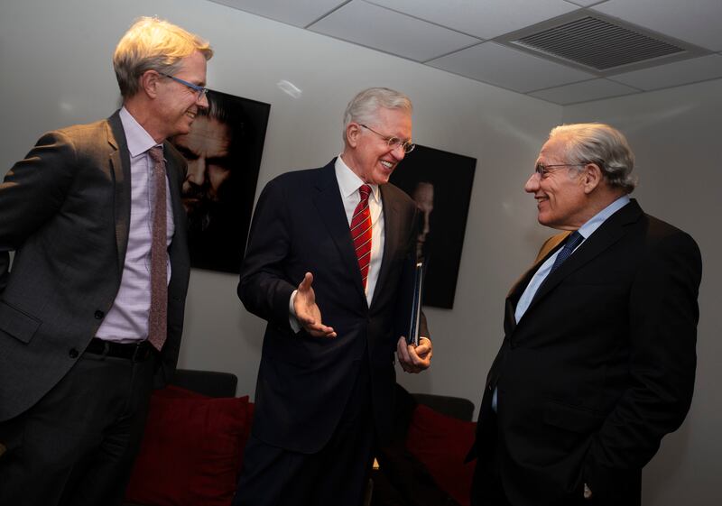 Michael Dimock, president of the Pew Research Center, left, Elder D. Todd Christofferson, a member of the Quorum of the Twelve Apostles for The Church of Jesus Christ of Latter-day Saints, and Bob Woodward, Washington Post reporter who broke the Watergate