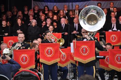 Unit 1st Sgt. Lisa S. Blodgett, second to left, performs with the Brass Quintet at Armed Forces Day concert featuring the 23rd Army Band of the Utah National Guard and the Choral Arts Society of Utah on Saturday, May 18, 2019, at the Gallivan Center.