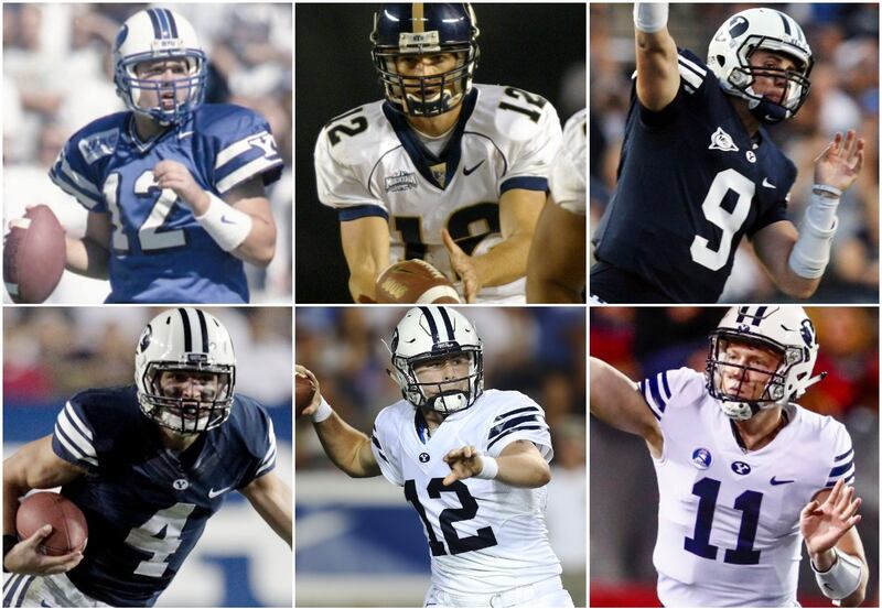 BYU has had six quarterbacks start as true freshmen. They include, clockwise from top left, Drew Miller, John Beck, Jake Heaps, Taysom Hill, Tanner Mangum and Joe Critchlow.