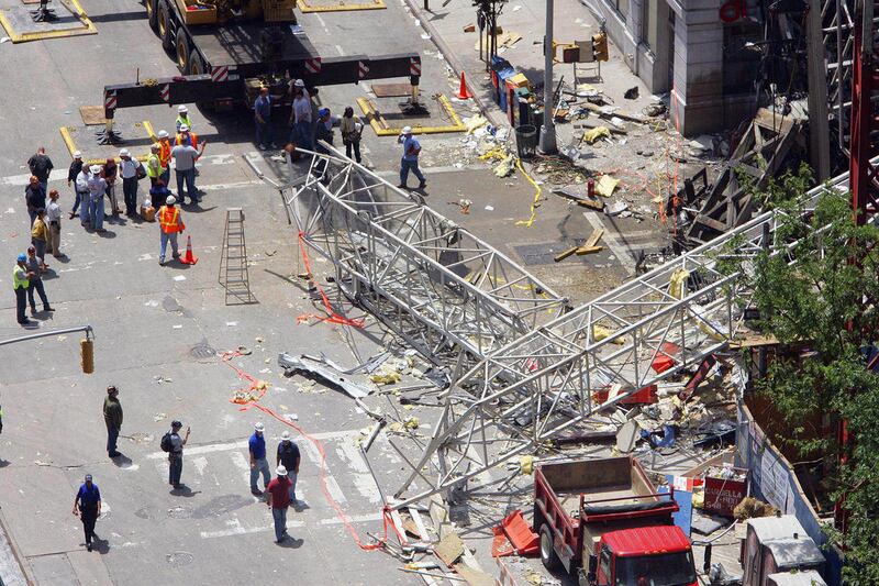 FILE - In this May 30, 2008, file photo, crews work at the scene of a fatal crane accident on the Upper East Side of New York. Crane owner James Lomma was acquitted of manslaughter and all other charges Thursday, April 26, 2012, in the collapse of the 200