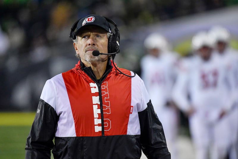 Utah Utes head coach Kyle Whittingham looks at the scoreboard on Nov. 19, 2022, in Eugene, Ore.