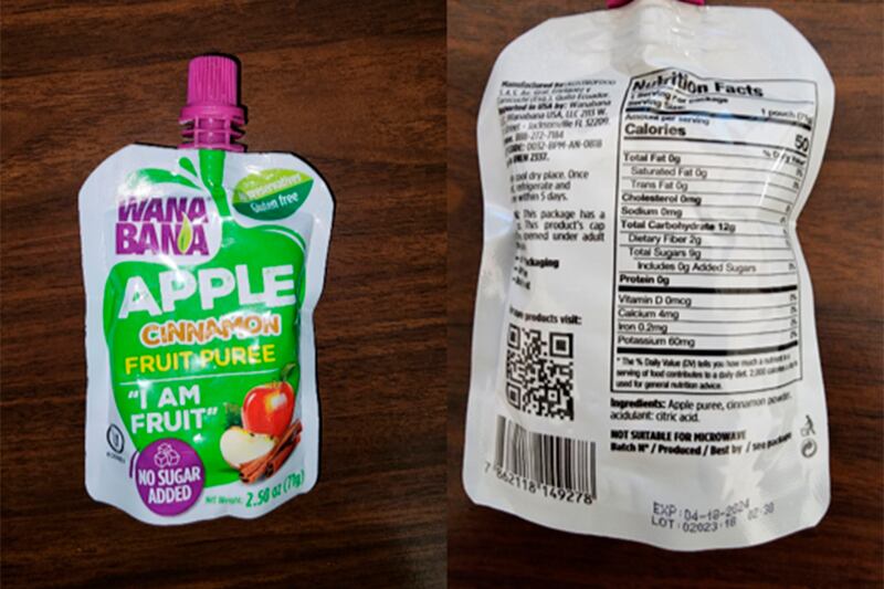 This photo provided by the U.S. Food and Drug Administration on Oct. 28, 2023, shows a WanaBana apple cinnamon fruit puree pouch.