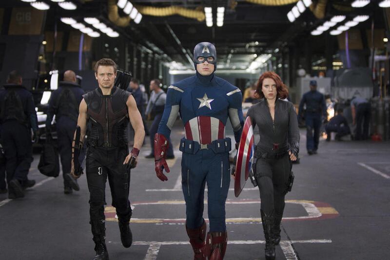 From left, Hawkeye (Jeremy Renner), Captain America (Chris Evans) and Black Widow (Scarlett Johansson) in "Marvel's The Avengers."