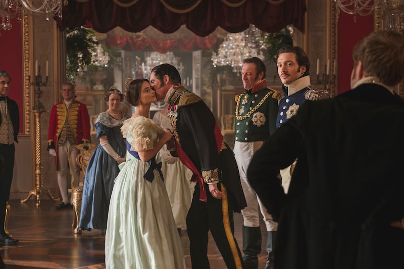 Shown from left to right: Jenna Coleman as Victoria, Alex Jennings as Leopold, Andrew Bicknell as the Duke of Coburg, and David Oakes as Ernest. Masterpiece's "Victoria" will return to PBS Sunday, Jan. 14.