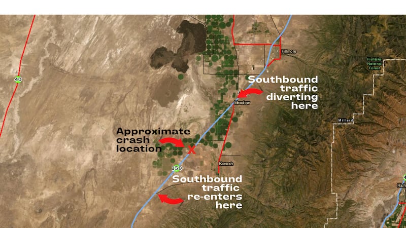 Drivers on southbound I-15 will need to take an alternate route after a 20-vehicle crash on I-15 in Millard County on July 25, 2021.