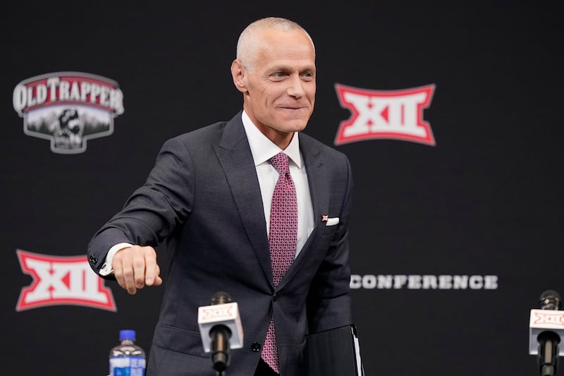 Incoming Big 12 commissioner Brett Yormark speaks during a news conference opening Big 12 media days in Arlington, Texas.