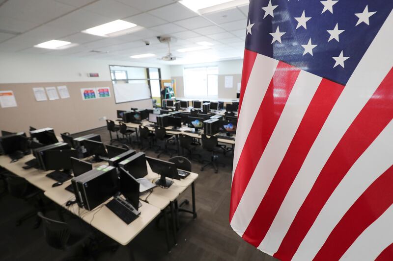 An empty classroom at Mount Jordan Middle School in Sandy is pictured on Tuesday, April 14, 2020.
