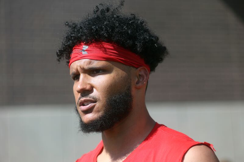 Utah’s Solomon Enis talks to the media after first day of camp outside of the Spence and Cleone Eccles Football Center