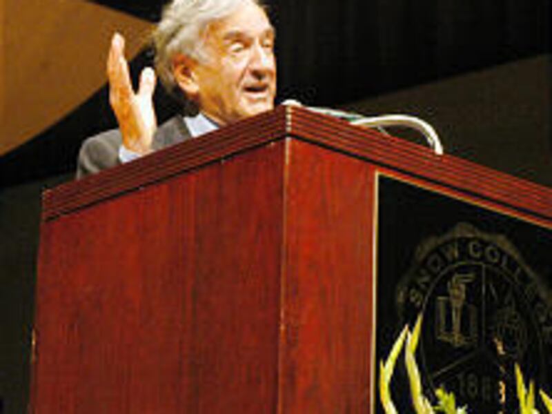 Nobel Peace Prize winner Elie Wiesel speaks at Snow College. "I believe in the responsibility of every individual," he said.