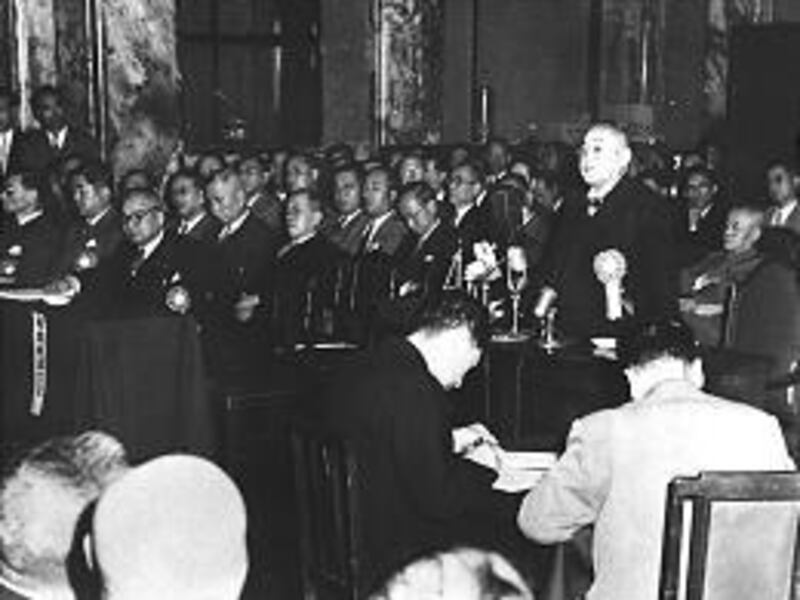 Former Japanese Prime Minister Shigeru Yoshida, speaking in Tokyo in 1954, was at the center of an assassination plot in 1952.