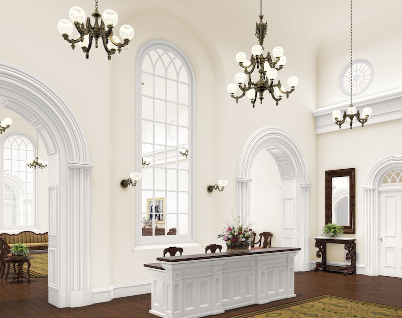 A rendering of the recommend desk and entry into the St. George Utah Temple. The temple will close Nov. 4 for extensive renovations.