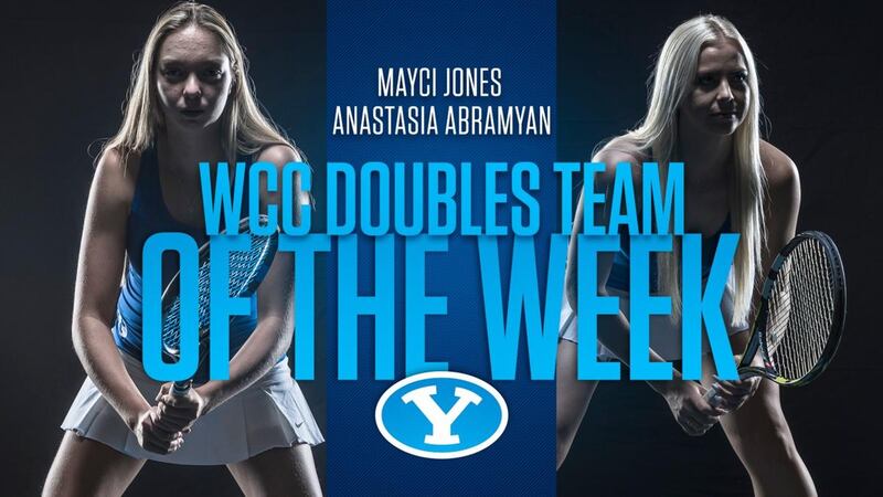 Freshman Anastasia Abramyan (left) and senior Mayci Jones pose with their rackets. The duo was ranked No. 41 in the latest ITA/Oracle rankings.
