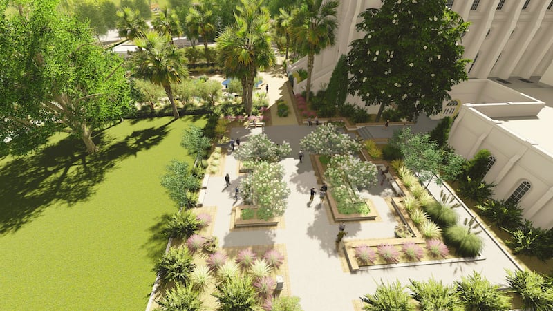 A rendering of the bride's exit on the plaza at the St. George Utah Temple. The temple will close Nov. 4 for extensive renovations.
