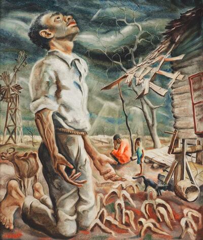 "Drought" was painted by Mormon artist Joseph Paul Vorst in 1938. It shows a man amid withering crops.