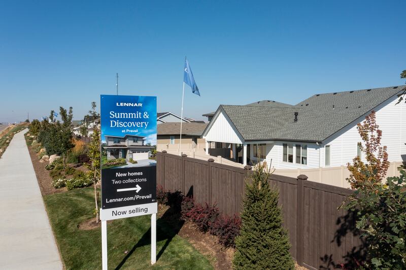 New homes are advertised for sale in Meridian, Idaho.