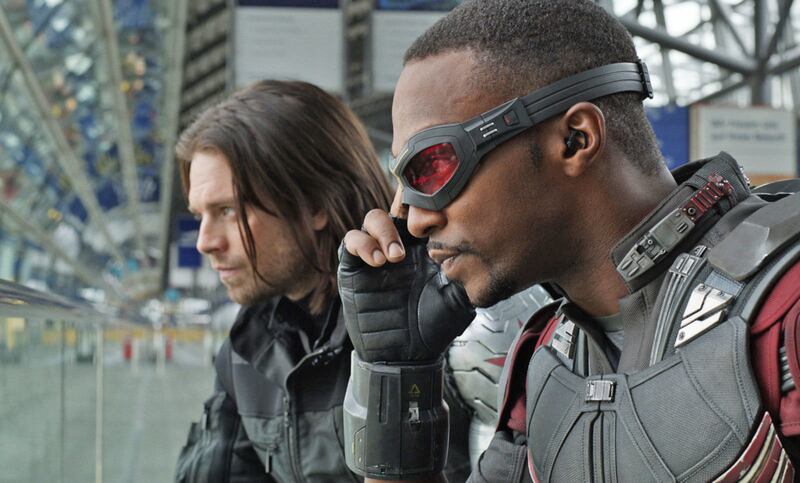 Sebastian Stan and Anthony Mackie appear in a scene from “Captain America: Civil War.”