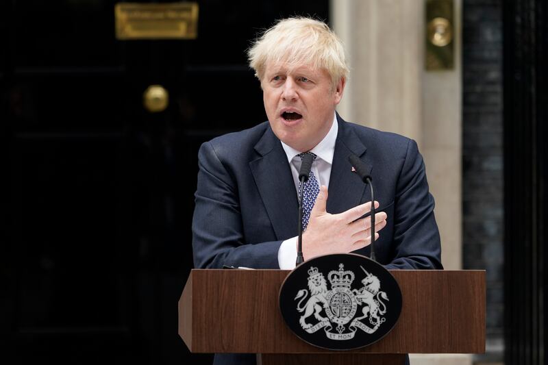 British Prime Minister Boris Johnson speaks to media next to 10 Downing Street in London, Thursday, July 7, 2022. Johnson announced he will resign as Prime Minister.