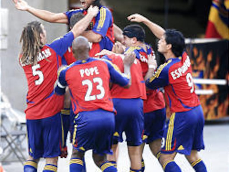 Real's Matias Mantilla celebrates his goal against the Kansas City Wizards with his teammates.