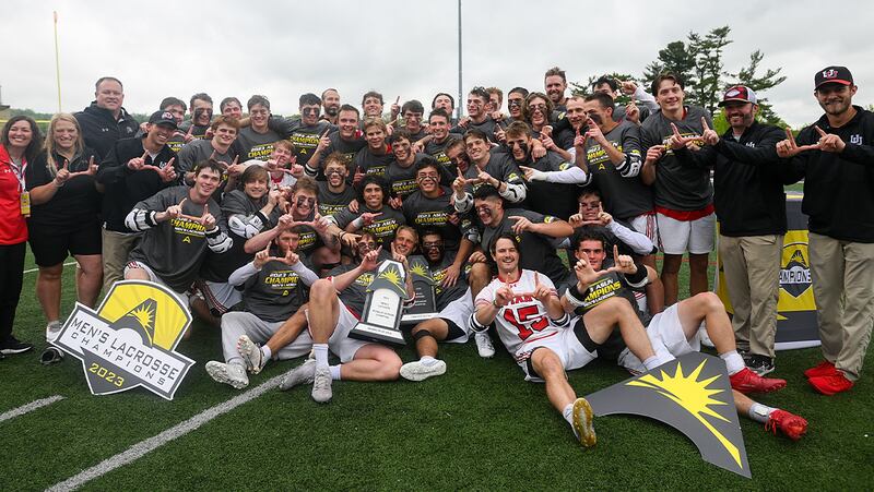 The Utah Utes lacrosse team celebrates winning the ASUN Conference championship on Sunday, May 7, 2023 in Township, Pennsylvania.