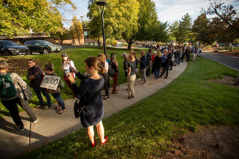 Hundreds line up trying to get in to hear Anita Hill speak at the Obert C. and Grace A. Tanner Humanities Center at the University of Utah in Salt Lake City on Wednesday, Sept. 26, 2018.