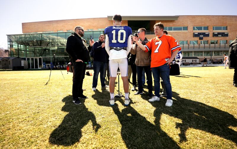 Quarterback Kedon Slovis, talks with media after the BYU Cougars football team practiced in Provo on Friday, March 17, 2023.