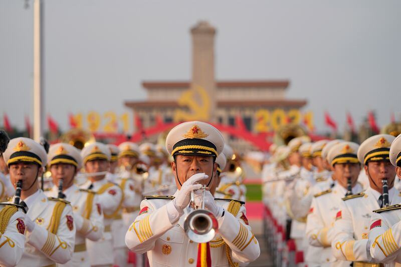 A military band rehearses to mark the anniversary of the founding of China’s Communist Party.