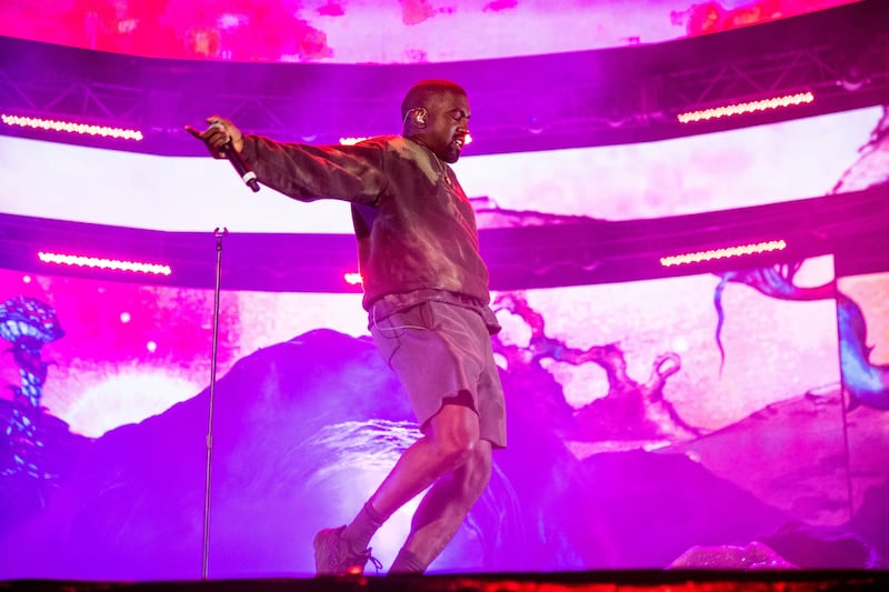 Kanye West performs with Kid Cudi at the Coachella Music & Arts Festival at the Empire Polo Club on Saturday, April 20, 2019, in Indio, Calif.
