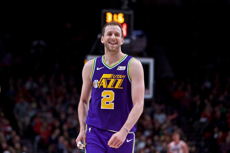 FILE - Utah Jazz forward Joe Ingles reacts to a fan during the first half of the team's NBA basketball game against the Portland Trail Blazers in Portland, Ore., Friday, Dec. 21, 2018.