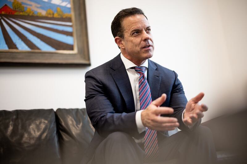 Utah House Speaker Brad Wilson, R-Kaysville, talks to reporters at his business office in Farmington on April 13, 2023.