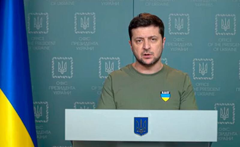 Ukrainian President Volodymyr Zelenskyy speaks to the nation in Kyiv, Ukraine.