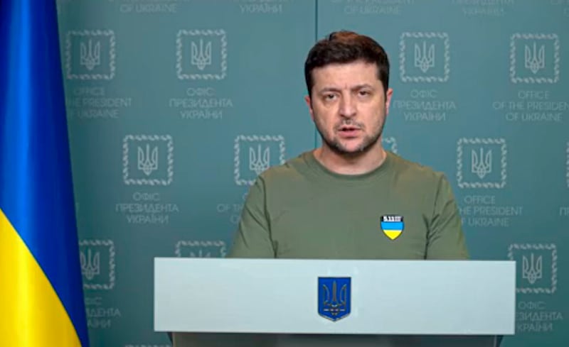 Ukrainian President Volodymyr Zelenskyy speaks to the nation in Kyiv, Ukraine.