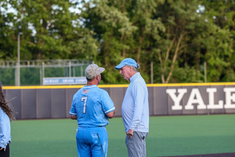 Columbia athletic director Peter Pilling, right, at the 2025 Ivy League Baseball championships at Yale University.