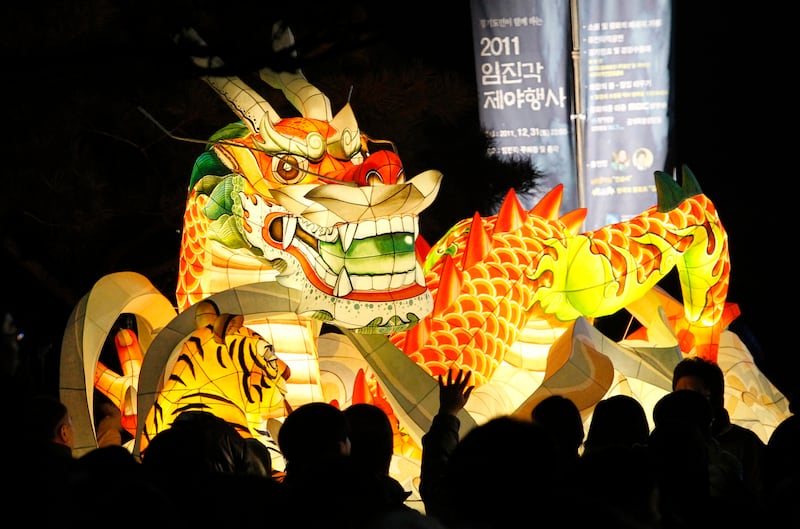 A giant dragon lantern is displayed to celebrate the New Year near the border village of Panmunjom (DMZ) that separates the two Koreas at Imjingak Pavilion in Paju, South Korea in 2012.
