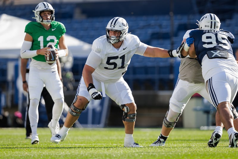BYU's Sonny Makasini gets in some work during fall camp in Provo on Aug. 17, 2024.