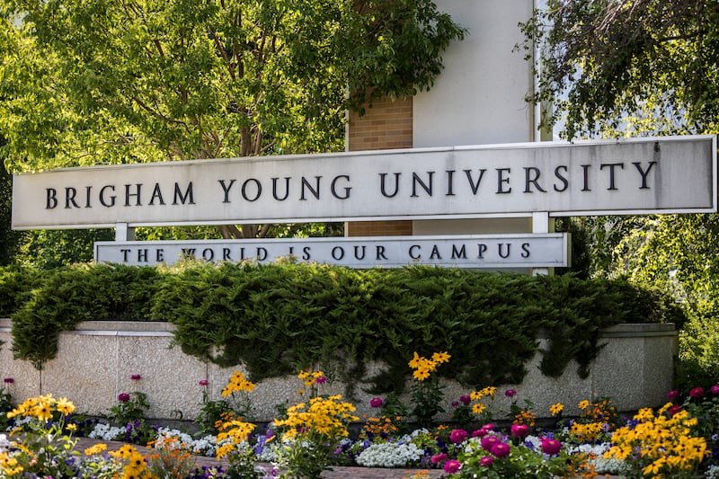 An image of Brigham Young University’s landmark campus sign.