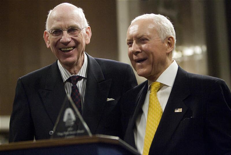 Senators Bob Bennett, left, and Orrin Hatch have a laugh after Bennett received the King's Peak Leadership Award in Washington, D.C., on Wednesday. The departing junior senator was honored by the Utah State Society for his years serving Utah.