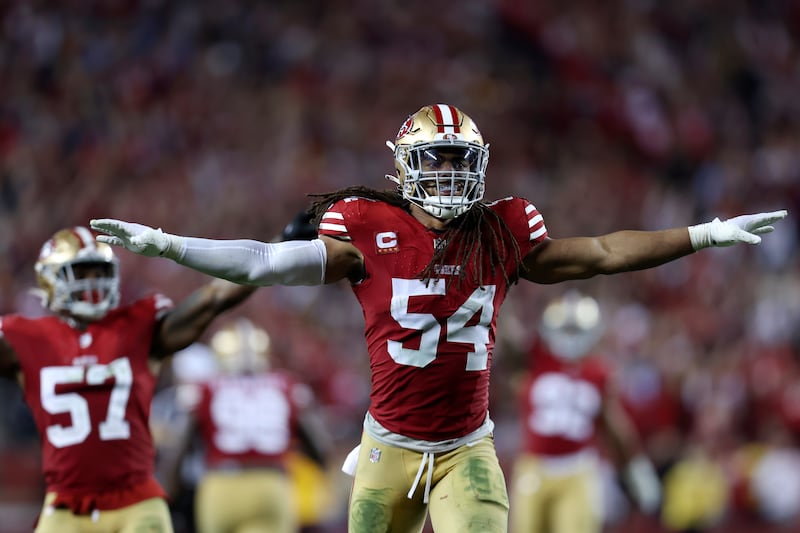 San Francisco 49ers linebacker Fred Warner (54) celebrates after the Detroit Lions failed to covert on fourth down.