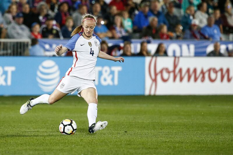 United States defender Becky Sauerbrunn plays against New Zealand during the first half of an international friendly soccer match, Friday, Sept. 15, 2017.