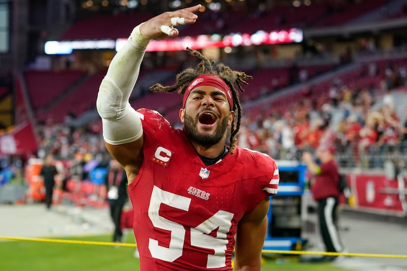 San Francisco 49ers linebacker Fred Warner celebrates after the 49ers defeated the Arizona Cardinals.