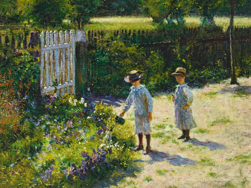 The painting depicts two sons of the painter Miłosz Kotarbiński, a boy with a watering can is a six-year old Tadeusz Kotarbiński (1886-1981), future world-renowned scholar, and behind, his brother Mieczysław Kotarbiński (1890-1943)