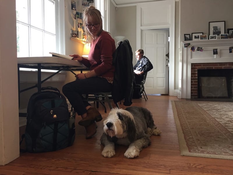 Anna Grace Freebersiser checks in on Barrie the dog at the North Carolina Study Center on the campus of the University of North Carolina at Chapel Hill. RNS photo by Yonat Shimron