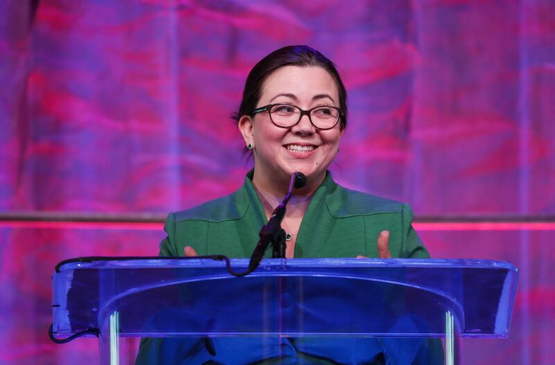 FILE - Daisy Thomas, chair of the Utah Democratic Party, speaks at the Utah Democratic Party 2018 Convention at the Salt Palace Convention Center in Salt Lake City on Saturday, April 28, 2018. For Thomas, the decision by lawmakers to pay for a 2020 presid