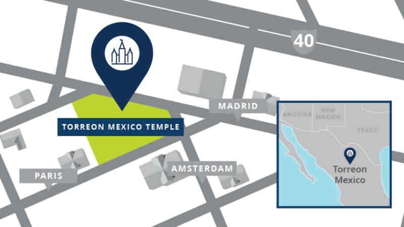 A map showing the location of the Torreón Mexico Temple.
